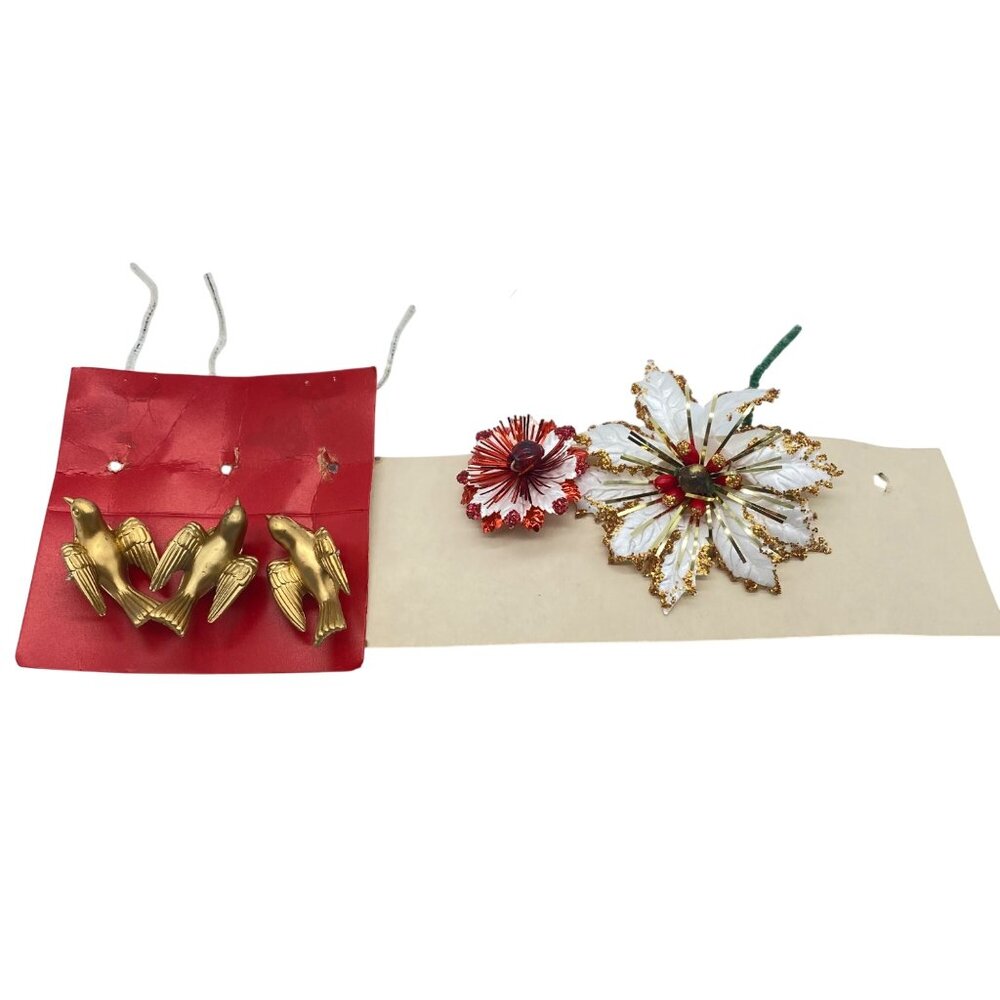 Vintage Christmas Decorative Picks Gold Birds Glittered Flowers Japan Set Of 5